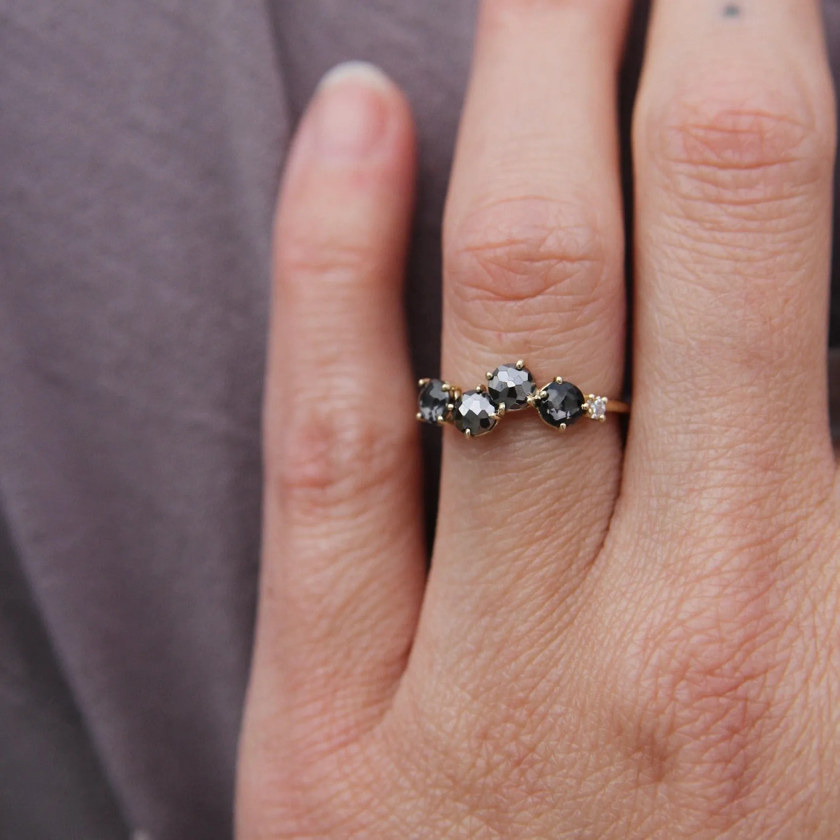 14k Yellow Gold Round Black Night Quartz Ring