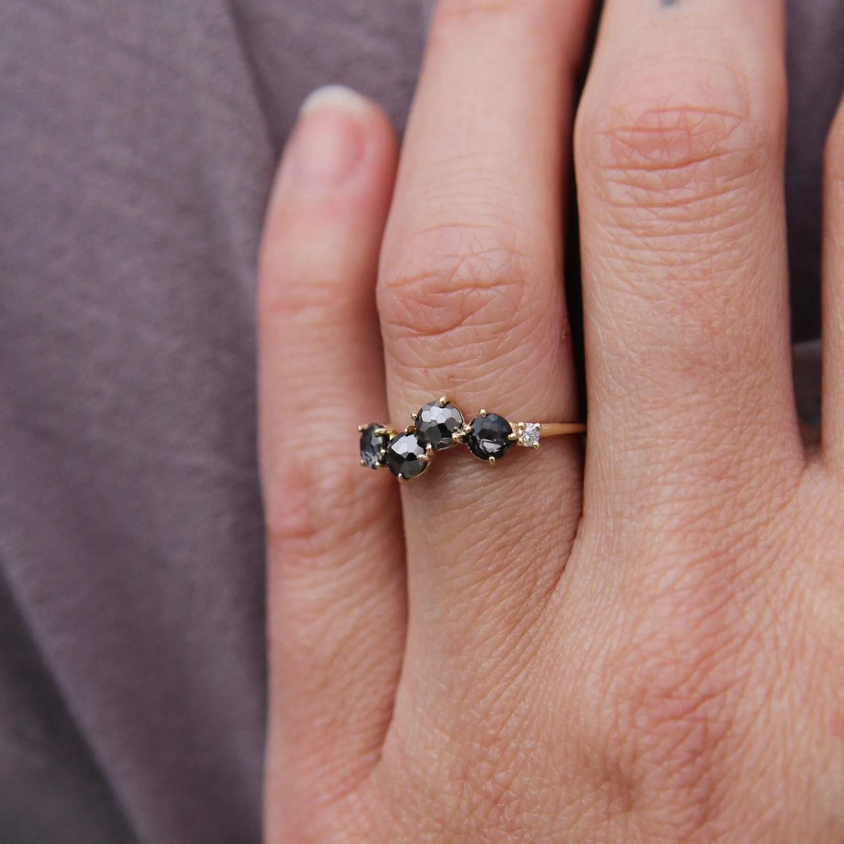 14k Yellow Gold Round Black Night Quartz Ring
