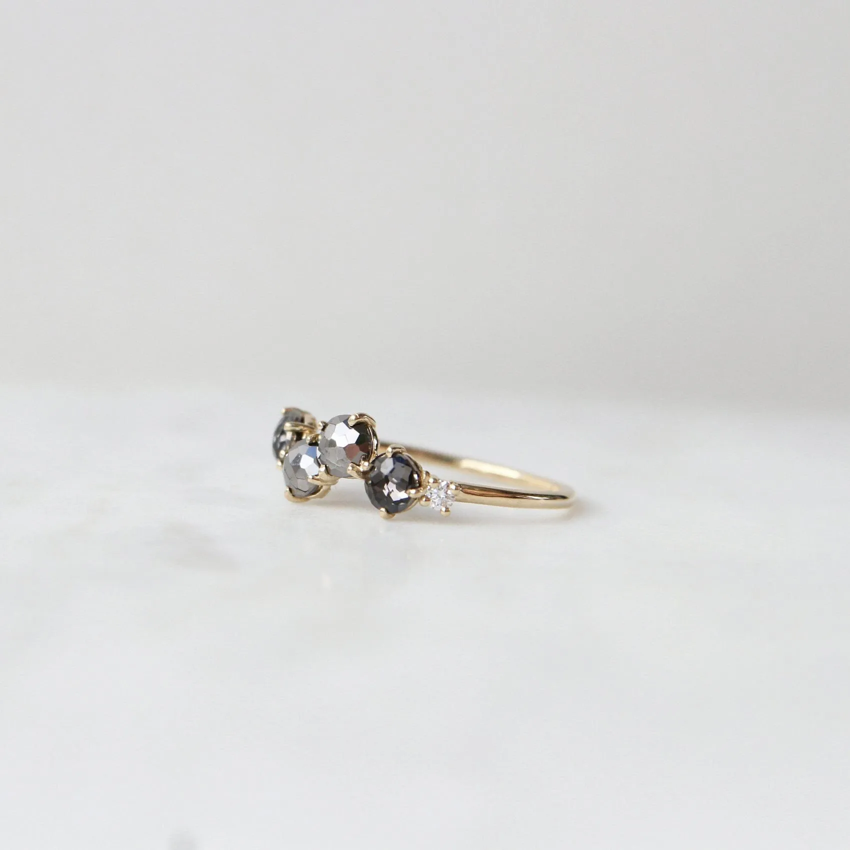 14k Yellow Gold Round Black Night Quartz Ring