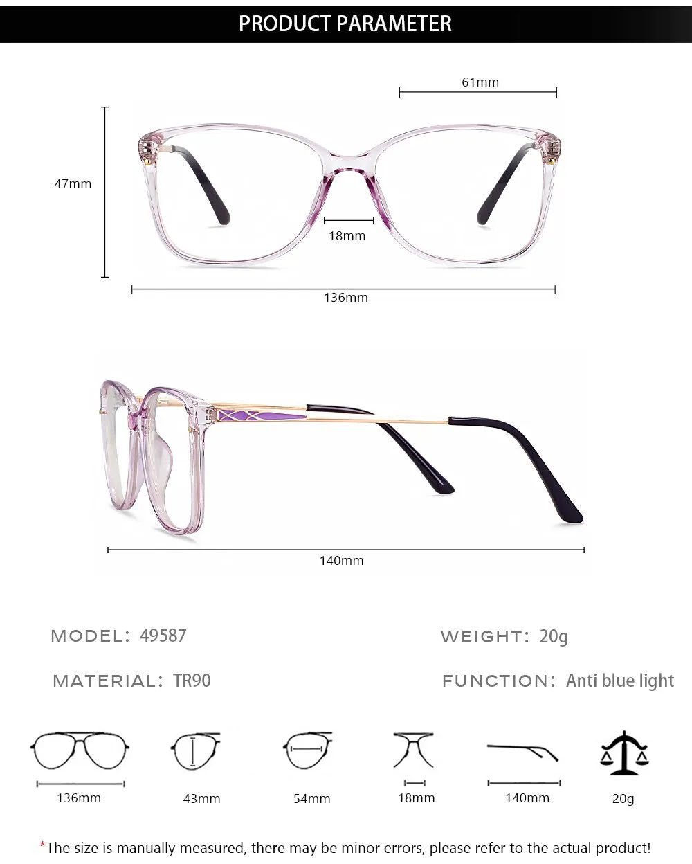 CCspace Women's Full Rim Square Tr 90 Titanium Eyeglasses 49587