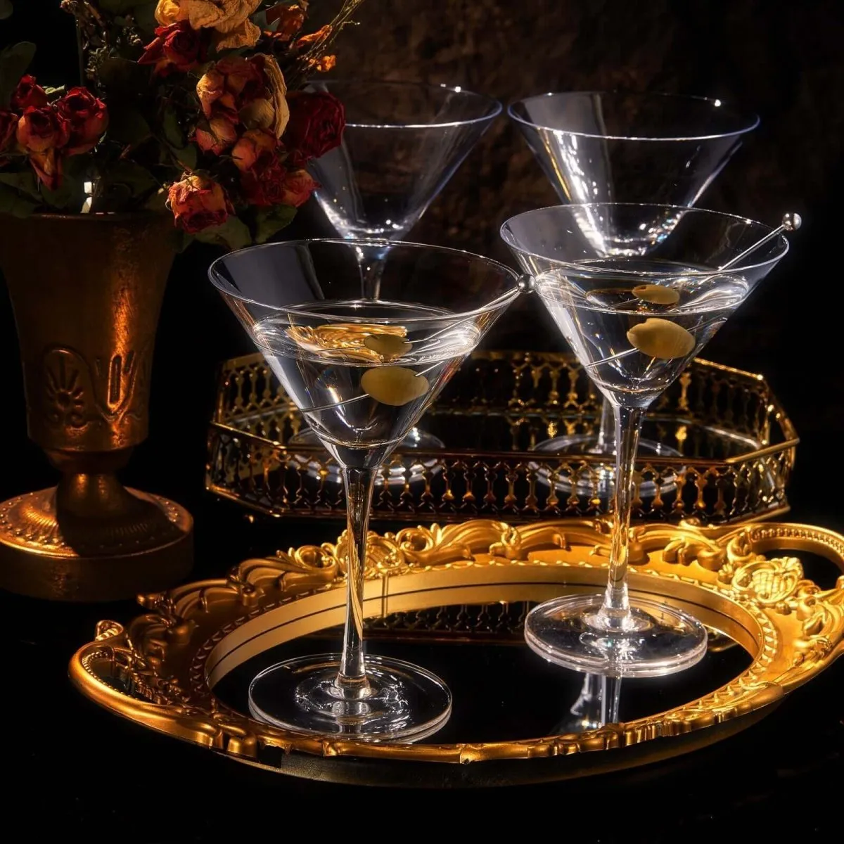 Crystal Martini Glass Set with Bar Spoon - Set of 4