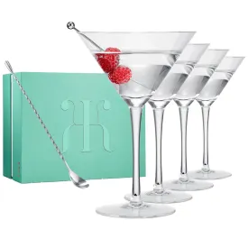Crystal Martini Glass Set with Bar Spoon - Set of 4