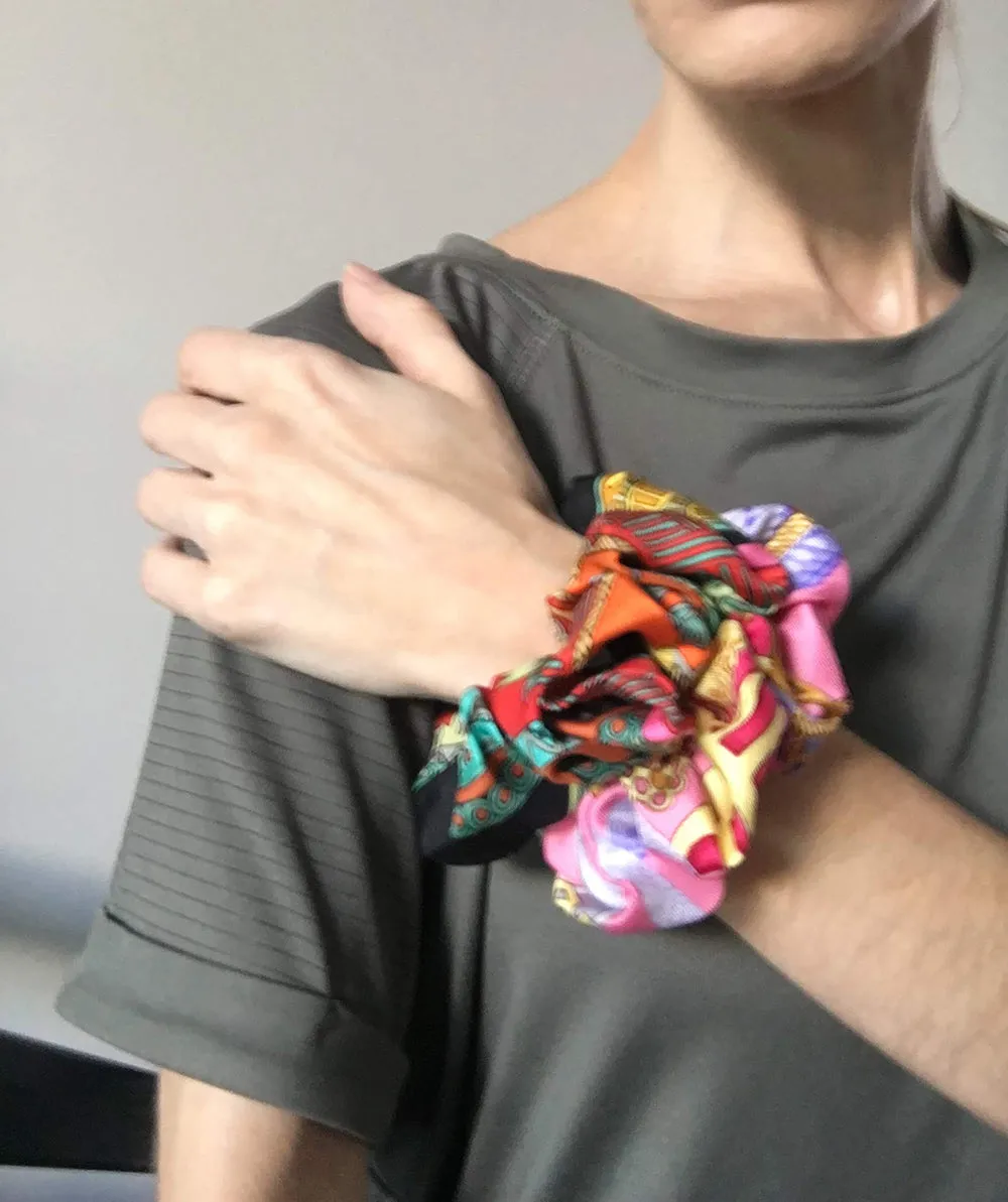 Hermes Handmade Ors Bleus d'Afrique Silk Scarf Scrunchie