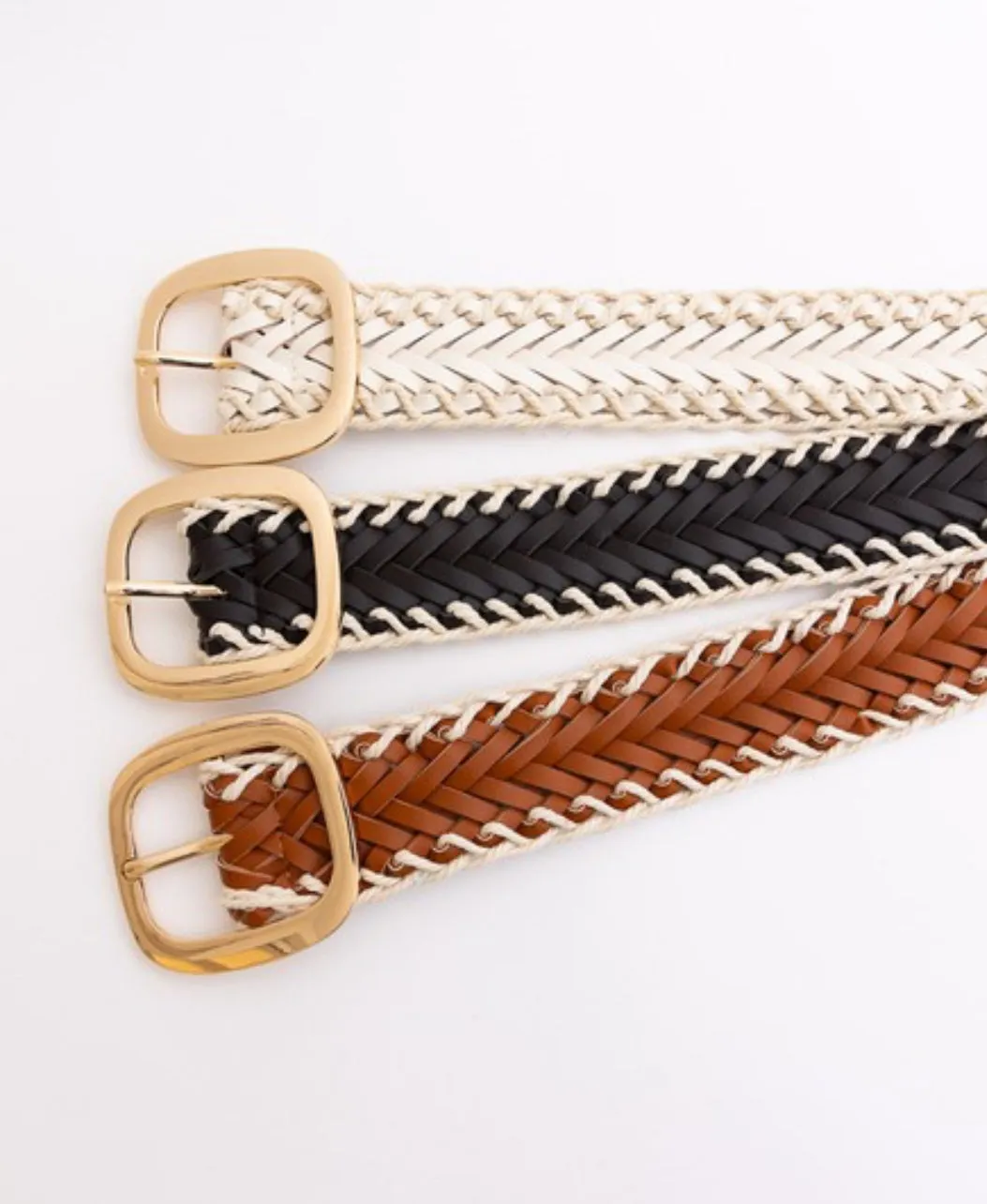 Ivory Crochet Trimmed Black Woven Leather Belt