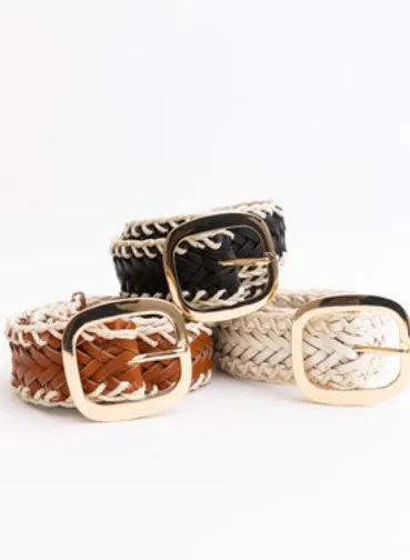 Ivory Crochet Trimmed Black Woven Leather Belt