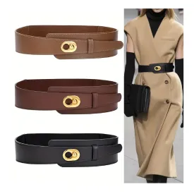 Lock Buckle Vintage Wide Belts Elegant Solid Color Leather Belt Elastic Waistband Trendy Coat Girdle For Women