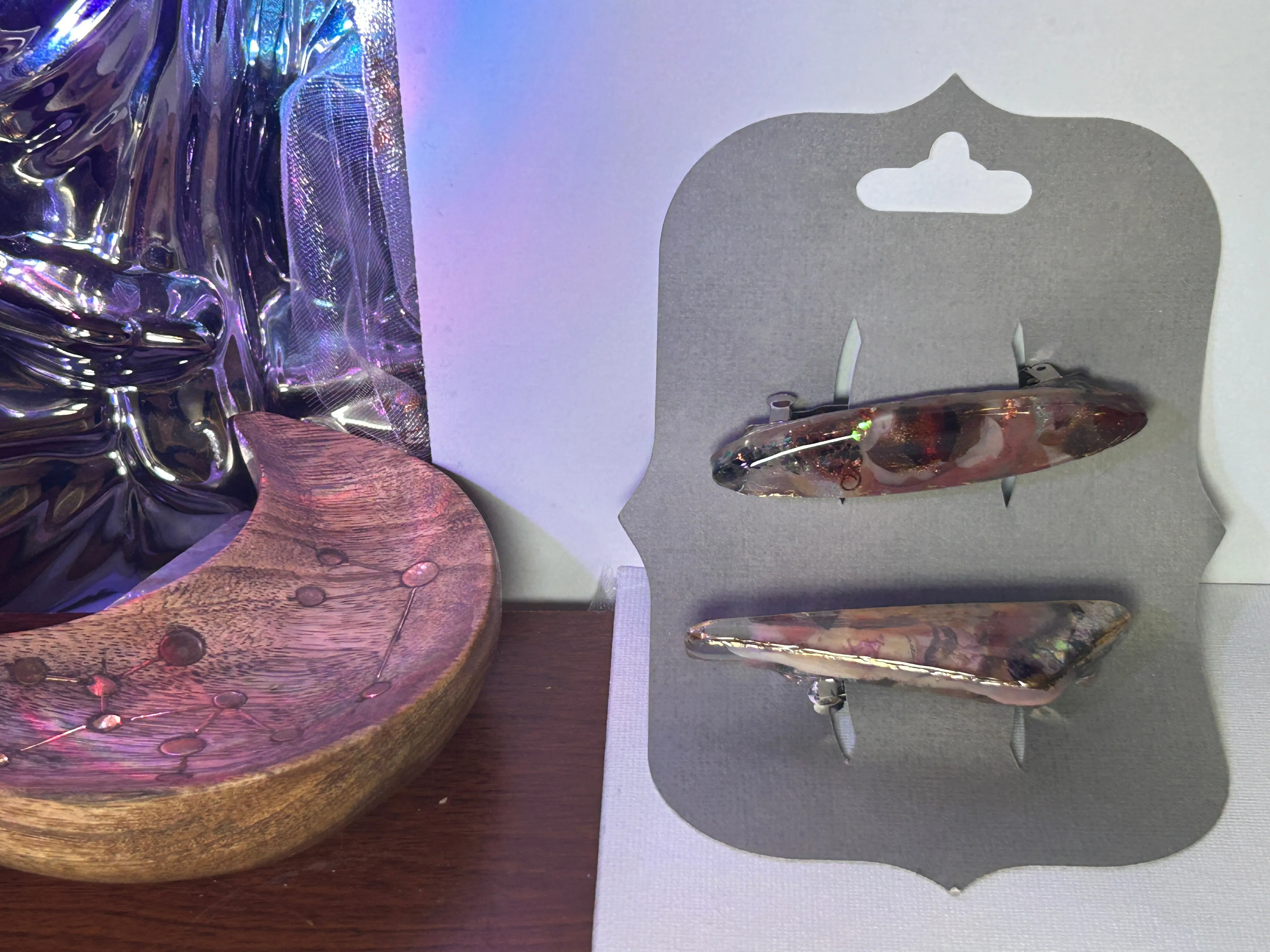"Two French barrette clasp Unique, UV resin Multilayered Design with Shimmering Hues".