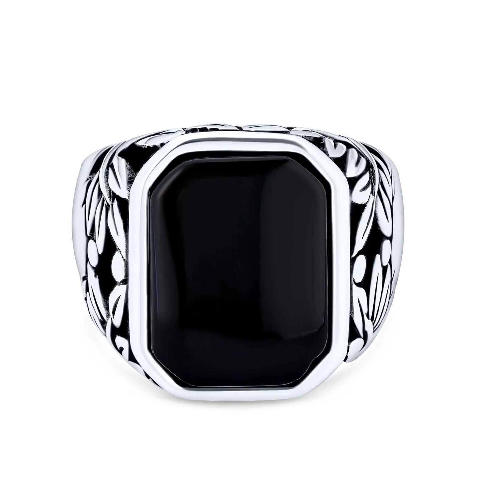 Retro Vintage Mens Silver Ring Leaf Vine Black Onyx Gemstone Signet Jewelry 925 Sterling